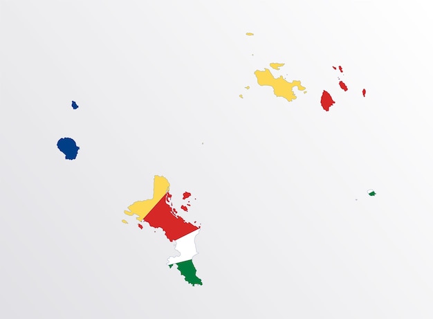 Conjunto de mapas políticos de Seychelles con regiones aisladas y bandera sobre fondo blanco