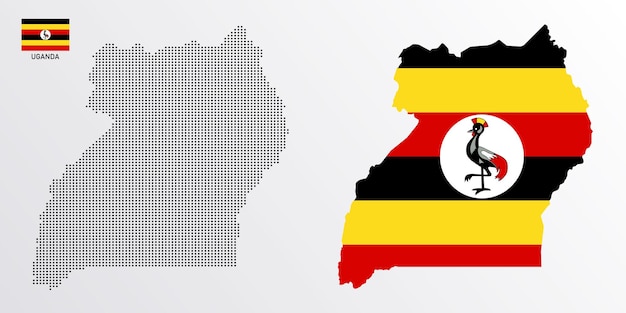 Conjunto de mapas políticos de Uganda con regiones aisladas y bandera sobre fondo blanco
