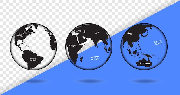 Conjunto de mapas de la Tierra de textura realista de globo transparente e ilustración vectorial de sombras