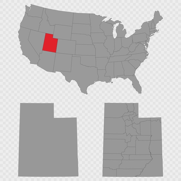 Conjunto de mapas de Utah con la ubicación de los Estados Unidos con un contorno limpio y un desglose completo del condado