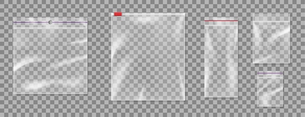 Conjunto de maqueta de bolsa de cremallera de plástico realista aislado sobre fondo transparente. Envase en blanco envase vacío sellado para almacenamiento de alimentos. Ilustración vectorial 3d