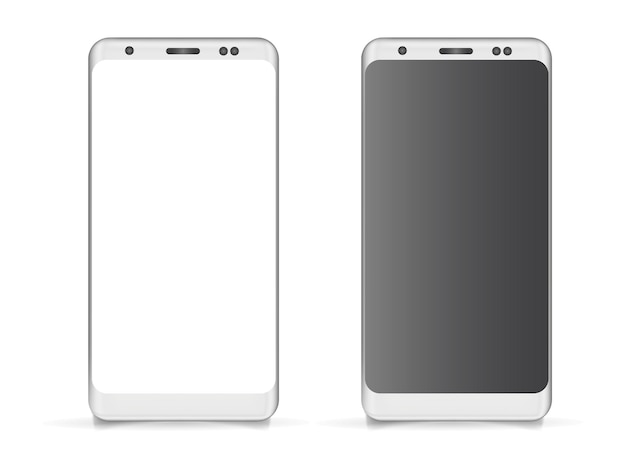 Conjunto de maqueta de teléfono realista Teléfono inteligente moderno y elegante de metal con pantalla blanca en blanco