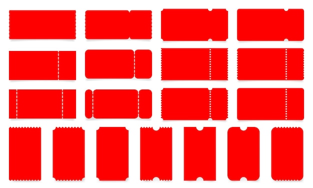 Conjunto de maquetas de boletos rojos con bordes y sombras plantilla vacía Boleto de concierto, película o teatro