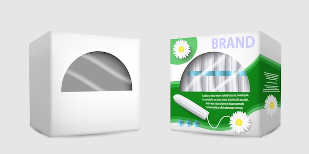 Conjunto de maquetas de caja de embalaje de tampones de higiene femenina ilustración aislada vectorial