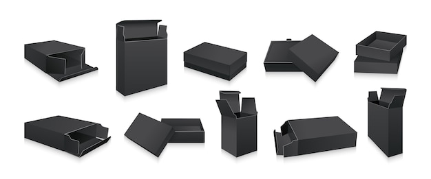 Vector conjunto de maquetas de caja negra de plantilla de regalo colección de cajas de embalaje de producto paquete abierto realista en blanco