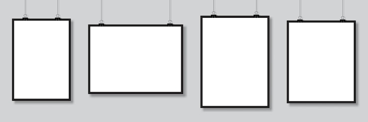 Vector conjunto de maquetas colgadas en la pared maqueta de póster vectorial con marco blanco banner vacío realista ilustración vectorial