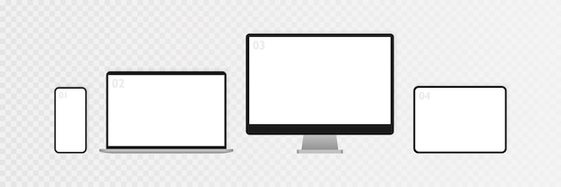 Conjunto de maquetas de dispositivos electrónicos aislado sobre fondo transparente computadora portátil tableta y teléfono inteligente realista plantilla para infografías o presentación interfaz de diseño de interfaz de usuario ilustración vectorial