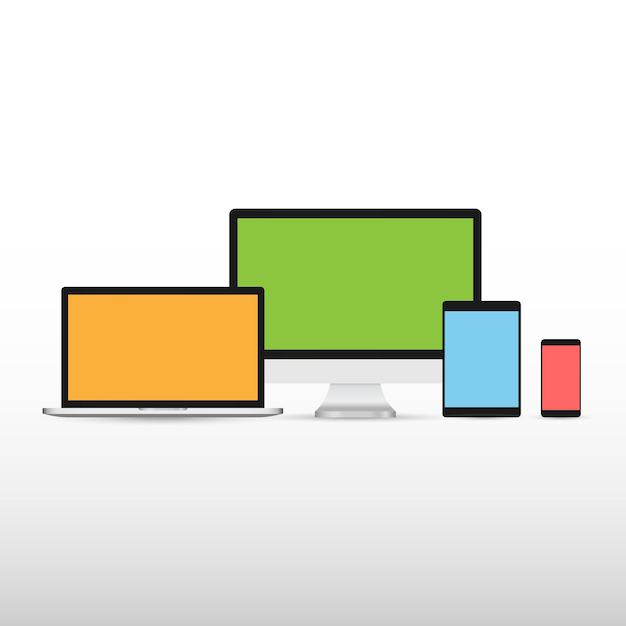 Conjunto de maquetas de dispositivos electrónicos, monitor de computadora portátil, tableta y teléfono inteligente con pantalla colorida, concepto de tecnología digital, fondo gris horizontal