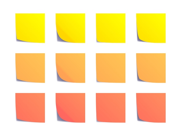 Conjunto de maquetas de pegatinas en blanco amarillo y naranja con sombra Diferentes posiciones y rotación Bien organizado y fácil de editar