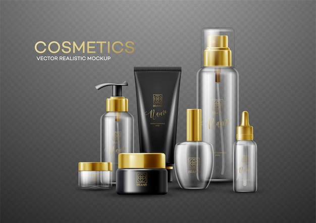 Conjunto de maquetas plantilla blanco, negro y botellas de cosméticos de vidrio con tapas de oro aisladas sobre un fondo oscuro. Efecto de transparencia real.
