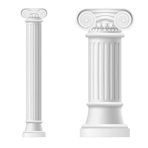 Conjunto de maquetas de plantilla de columna iónica en blanco blanco 3d detallado realista Símbolo de la arquitectura clásica griega antigua Ilustración vectorial