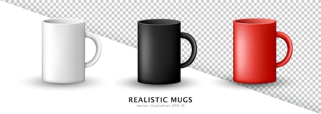 Vector conjunto de maquetas realistas de tazas vacías limpias blancas, negras y rojas. plantilla de tazas mate de cerámica 3d