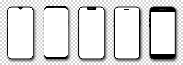 Conjunto de maquetas de teléfonos inteligentes Modelos de teléfonos móviles 3d Vista frontal Teléfonos con pantalla blanca y sombra sobre fondo transparente