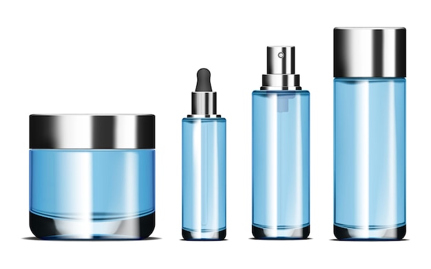 Conjunto de maquetas de vectores de botellas cosméticas de vidrio azul claro Maqueta de empaque de cosméticos faciales
