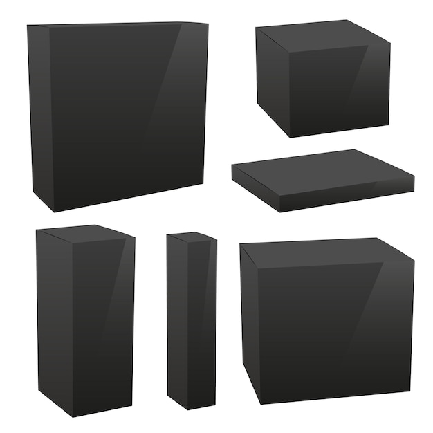 Conjunto de maquetes de cajas negras La maqueta del paquete se puede utilizar para medicina y cosméticos Ilustración vectorial 3D
