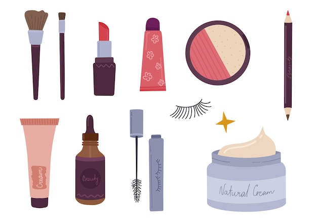 Conjunto de maquillaje con cosméticos decorativos Icono de cosméticos Doodle Cosméticos para la piel, los ojos y los labios