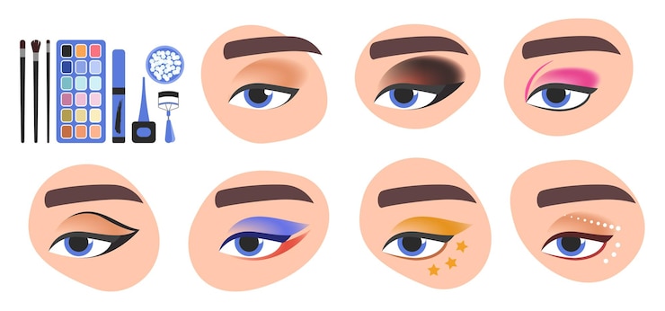 Vector conjunto de maquillaje para los ojos tutoriales de artistas accesorios y productos cosméticos de moda colección
