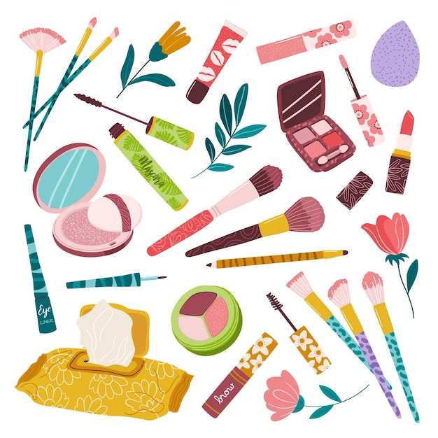 Conjunto de maquillaje con productos de belleza decorativos para mujeres Ojos labios cejas cosméticos y accesorios