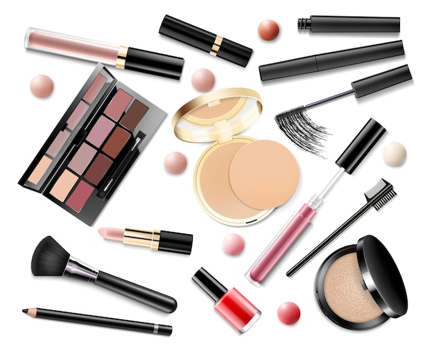 Conjunto de maquillaje Productos cosméticos realistas sombra de ojos en polvo rubor delineador de ojos corrector lápiz labial y brillo de labios base esmalte de uñas rímel y pinceles de maquillaje aislados sobre fondo blanco