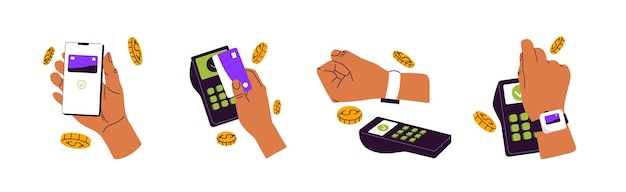 Vector conjunto de máquinas de pago sin contacto sin efectivo manos con tarjetas de crédito teléfono móvil relojes inteligentes para pagar terminal pos tecnología nfc señales de moneda ilustración vectorial aislada plana sobre fondo blanco