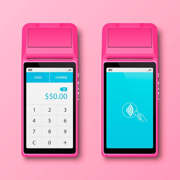 Conjunto de máquinas de pago NFC rosadas de vector 3d pantalla de pago inalámbrica Wi-Fi aislada con cantidad y señal Wi-Fi diseño de máquina de terminal POS plantilla de terminal sin contacto de pago bancario