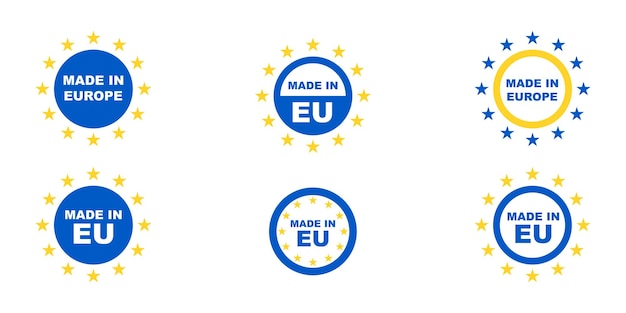 Conjunto de marca made in EU con estrellas. Fabricado en Europa. Estándar europeo. Signo de calidad.