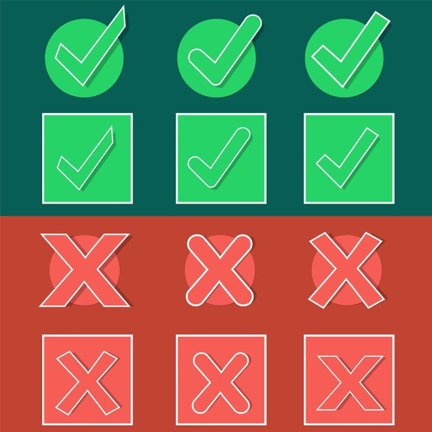 Conjunto de marca de verificación verde y colección de símbolos de cruz roja