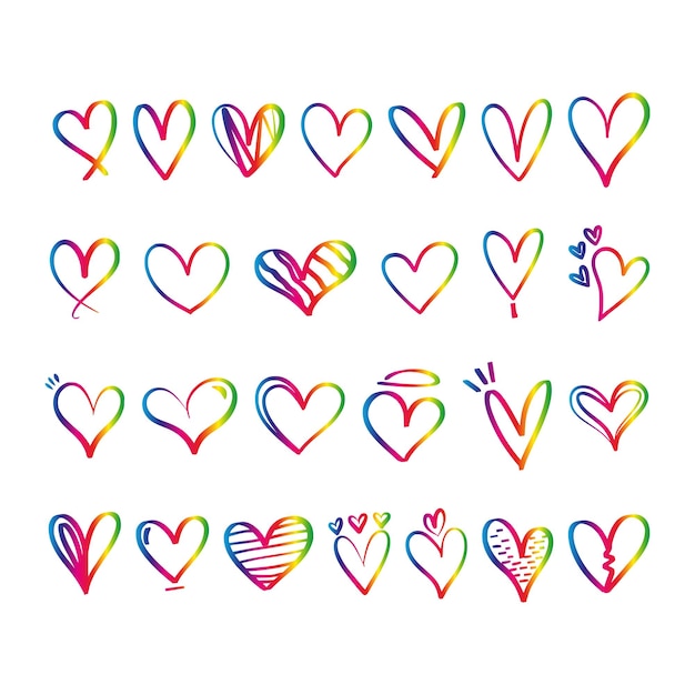 Conjunto de marcador de corazón áspero dibujado a mano de corazones rojos dibujados a mano aislados sobre fondo blanco Vector