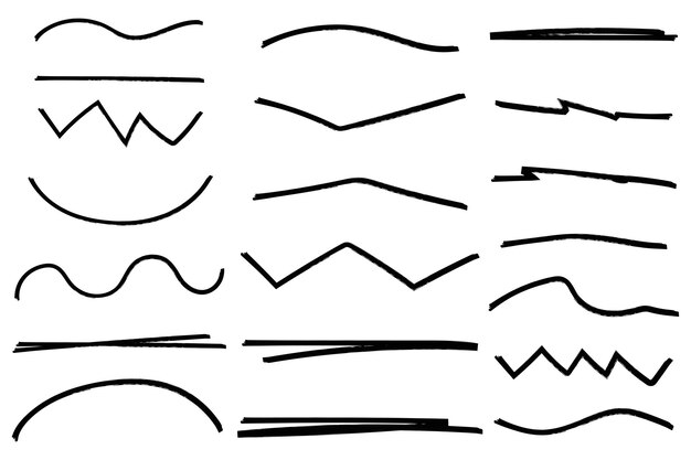 Conjunto de marcadores dibujados a mano, líneas vectoriales, ilustraciones, elementos de diseño, trazos de grunge, líneas de garabateo, subrayado, garabateo.