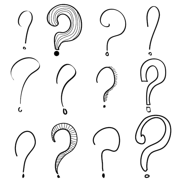 Conjunto de marcas de preguntas dibujadas a mano marcas de preguntas garabateadas aisladas en blanco y negro