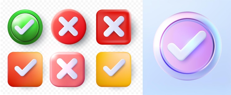 Vector conjunto de marcas de verificación 3d brillantes y botones cruzados en varios colores para el diseño de la interfaz de usuario de estilo minimalista 3d símbolos de aceptación, rechazo y atención ilustración vectorial