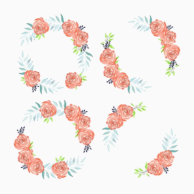 Conjunto de marco de círculo de flor color de rosa pintado a acuarela