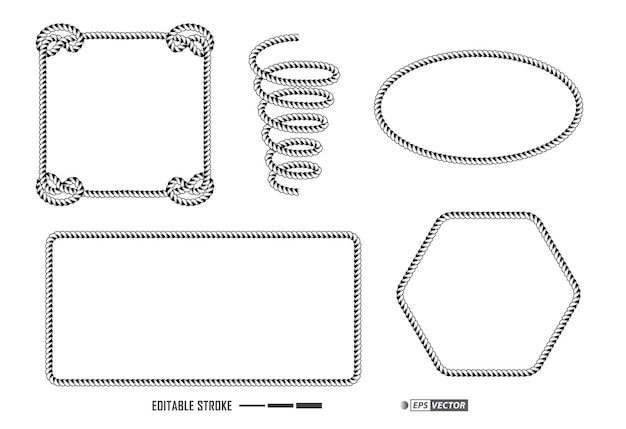 Conjunto de marco de cuerda aislado o plantilla vintage de cuerda náutica o marco de textura de cuerda de corazón. eps vectoriales
