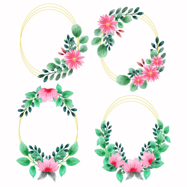 Vector conjunto de marco dibujado a mano con corona floral rosa