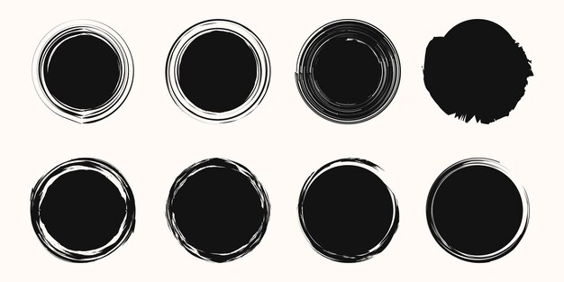 Conjunto de marco de doodle circular de Vector, doodle círculos oscuros aislados sobre fondo blanco.