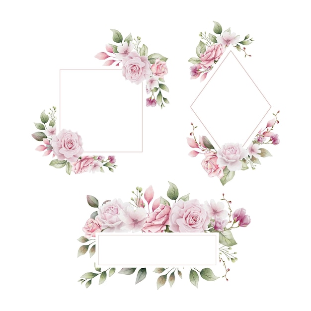 Vector conjunto de marco floral acuarela