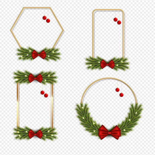 Conjunto de marco de Navidad con rama de pino, bola de Navidad roja blanca y cinta roja