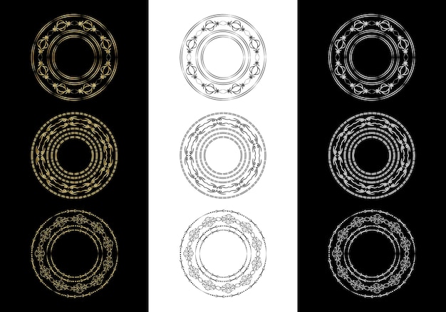 Conjunto de marco redondo decorativo dorado para diseño con adornos florales Una plantilla para imprimir