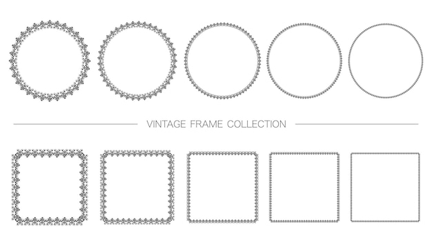Conjunto de marco vintage decorativo redondo y cuadrado aislado en una ilustración de vector de fondo blanco