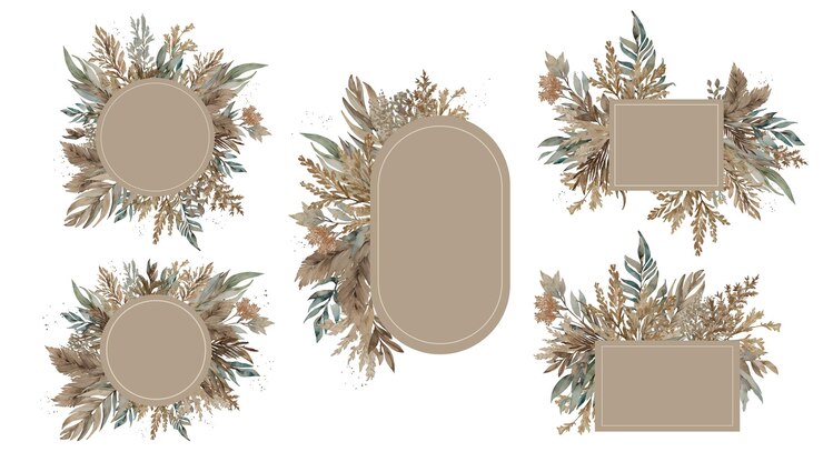 Vector conjunto de marcos con adornos botánicos en estilo boho corona de flores secas hojas ramas pampas