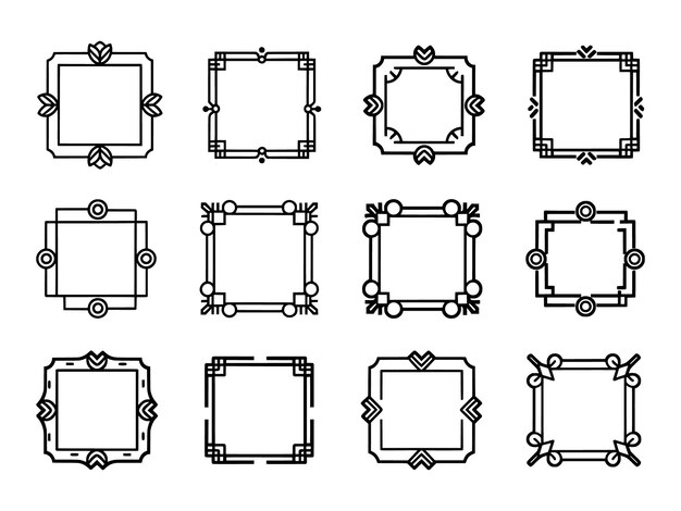 Vector un conjunto de marcos antiguos y iconos de esquina con líneas delgadas estas ilustraciones vectoriales añadirán