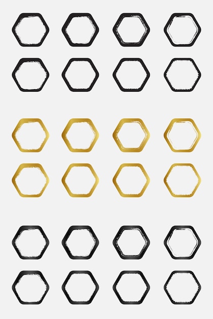 Conjunto de marcos de borde hexagonal redondo grunge con oro negro y color metálico