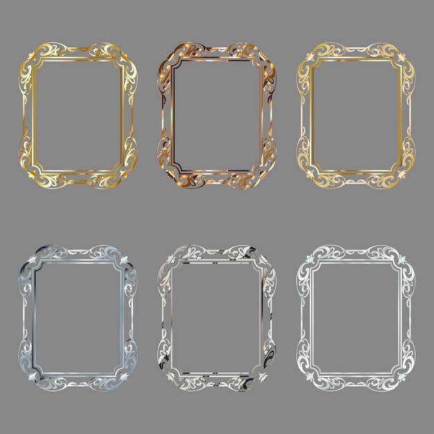 Conjunto de marcos y bordes decorativos proporciones de rectángulo estándar fondos elementos de diseño vintage colores dorado y plateado ilustración vectorial