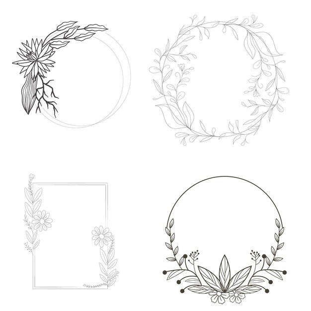 Conjunto de marcos botánicos monocromáticos con hojas y bayas Corona de borde floral vectorial para invitados