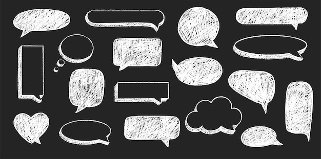 Conjunto de marcos de burbujas de habla dibujados con lápiz blanco en tablero vectorial, globo de conversación y cuadros de texto