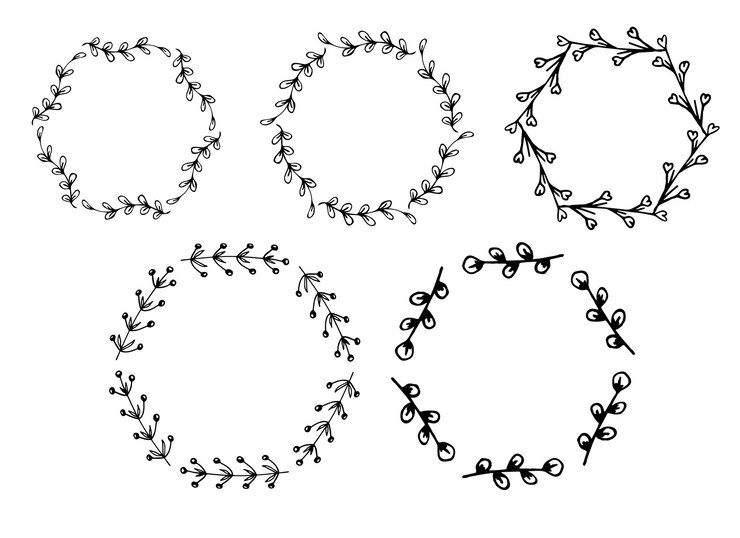 Conjunto de marcos de círculo botánico flor boda ornamento dibujado a mano ilustración vectorial imágenes prediseñadas
