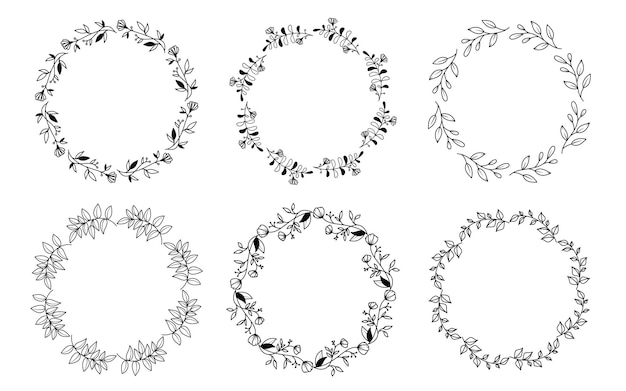 Conjunto de marcos de coronas florales redondas doodle dibujados a mano. Elementos de diseño de marcos de círculo de líneas y hojas de flores para bodas, día de la madre, cumpleaños, invitaciones.