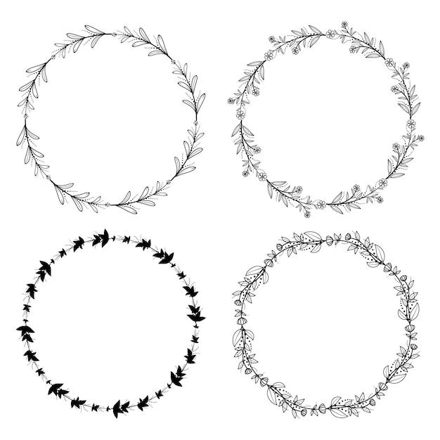 Conjunto de marcos de coronas florales redondas de garabatos dibujados a mano Elementos de diseño de marcos de círculos de líneas y hojas para bodas invitaciones de cumpleaños del día de la madre