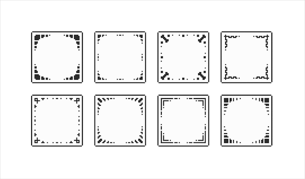 Conjunto de marcos cuadrados decorativos de Pixel Art en bordes de estilo retro en blanco y negro para diseño digital