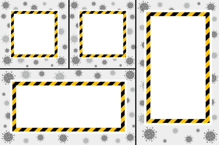 Vector conjunto de marcos de cuarentena vectorial fondo de coronavirus con rayas negras y amarillas